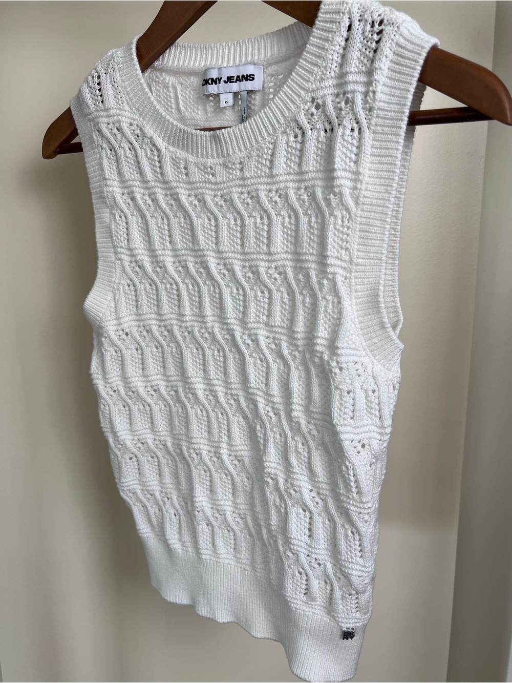 DKNY White Open-Knit Crewneck Sweater Vest